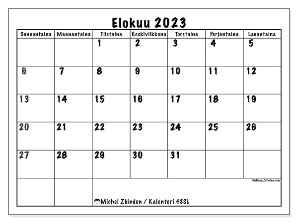 Tulostettava kalenteri, elokuu 2023, 48SL
