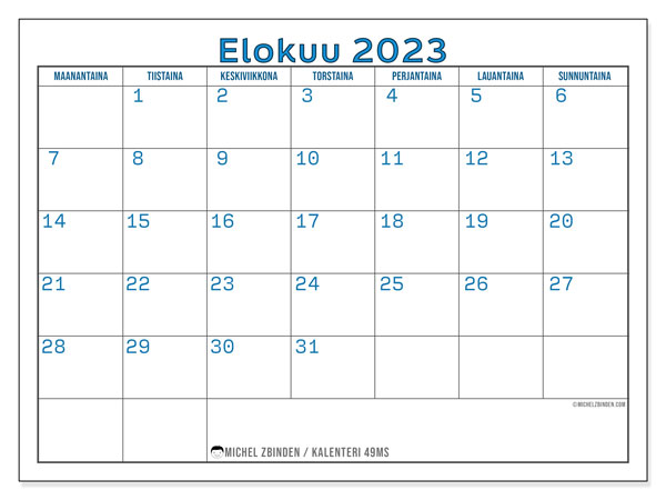 Tulostettava kalenteri, elokuu 2023, 49MS