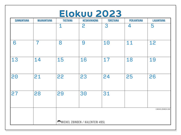 Kalenteri elokuu 2023, 49SL. Ilmainen tulostettava kalenteri.