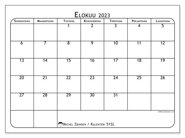 Kalenteri elokuu 2023, 51SL. Ilmainen tulostettava kalenteri.