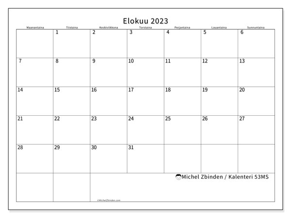 Kalenteri elokuu 2023, 53MS. Ilmainen tulostettava aikataulu.