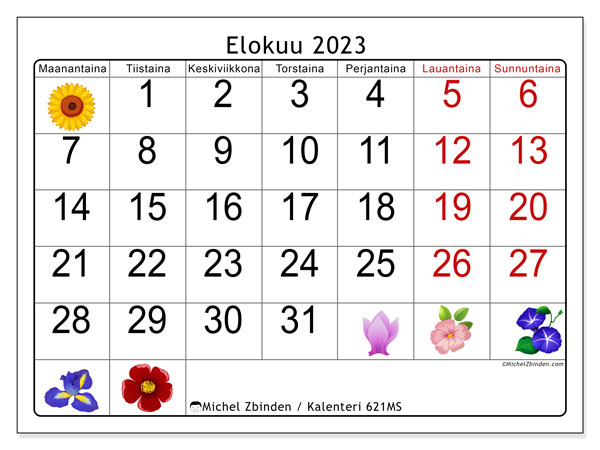 Kalenteri elokuu 2023, 621MS. Ilmainen tulostettava kalenteri.