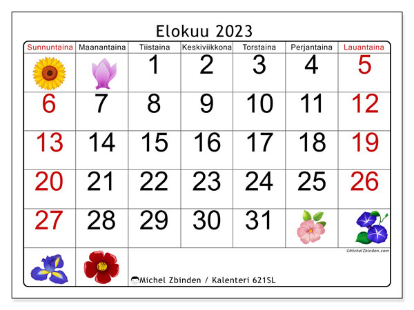 Kalenteri elokuu 2023, 621SL. Ilmainen tulostettava aikataulu.