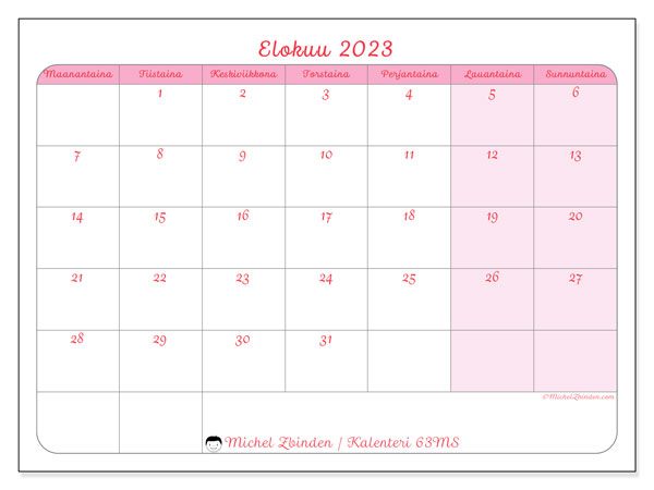 Tulostettavat kalenteri elokuu 2023. Kuukausikalenteri “63MS” ja ilmainen tulostettava aikataulu