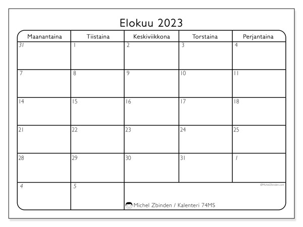 Kalenteri elokuu 2023, 74MS. Ilmainen tulostettava kalenteri.