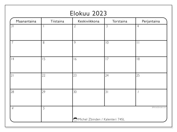 Kalenteri elokuu 2023, 74SL. Ilmainen tulostettava kalenteri.