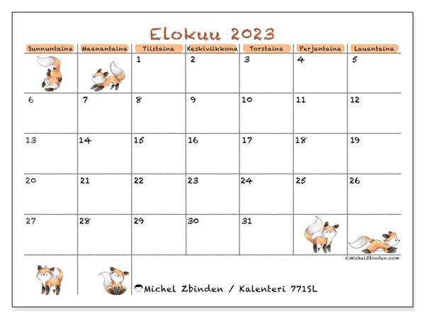 Kalenteri elokuu 2023, 771SL. Ilmainen tulostettava kalenteri.