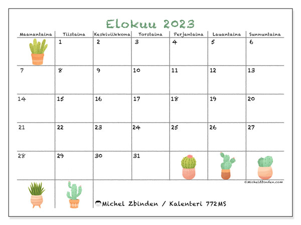 Kalenteri elokuu 2023, 772MS. Ilmainen tulostettava kalenteri.