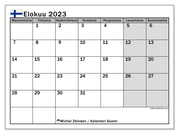 Suomi, kalenteri elokuu 2023, tulostettavaksi, ilmainen.