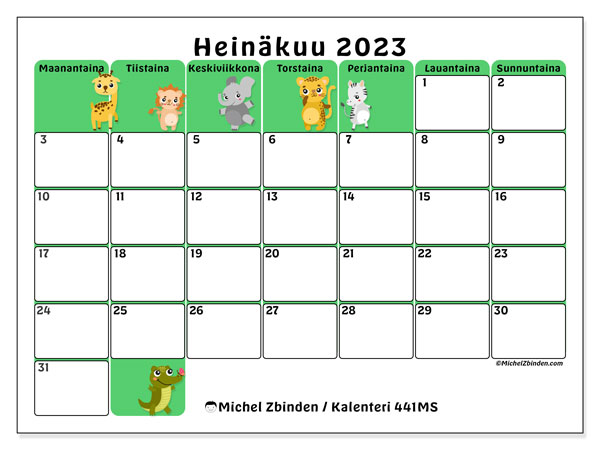 Tulostettava kalenteri, heinäkuu 2023, 441MS