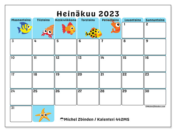 Kalenteri heinäkuu 2023, 442MS. Ilmainen tulostettava lehti.