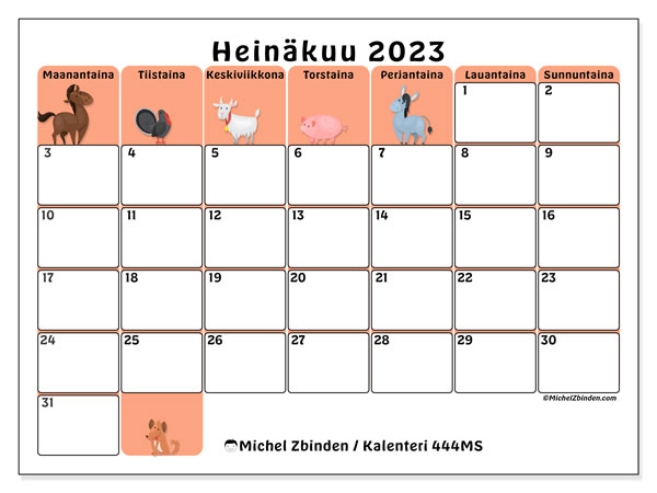 Kalenteri 444MS, heinäkuu 2023, painatusta varten, maksutta. Ilmainen tulostettava lukujärjestys