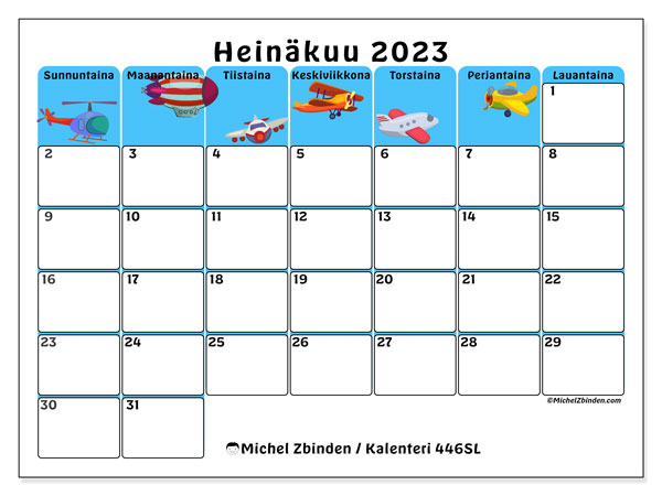 Kalenteri heinäkuu 2023 “446”. Ilmainen tulostettava lehti.. Sunnuntaista lauantaihin