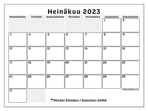 Kalenteri heinäkuu 2023, 44MS. Ilmainen tulostettava lehti.