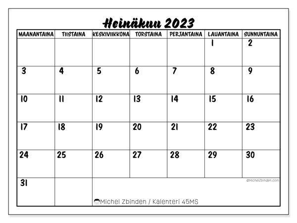 Kalenteri heinäkuu 2023, 45MS. Ilmainen tulostettava lehti.