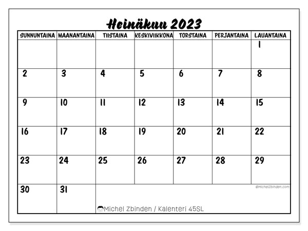Kalenteri heinäkuu 2023, 45SL. Ilmainen tulostettava lehti.