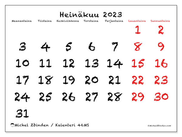 Kalenteri heinäkuu 2023, 46MS. Ilmainen tulostettava lehti.