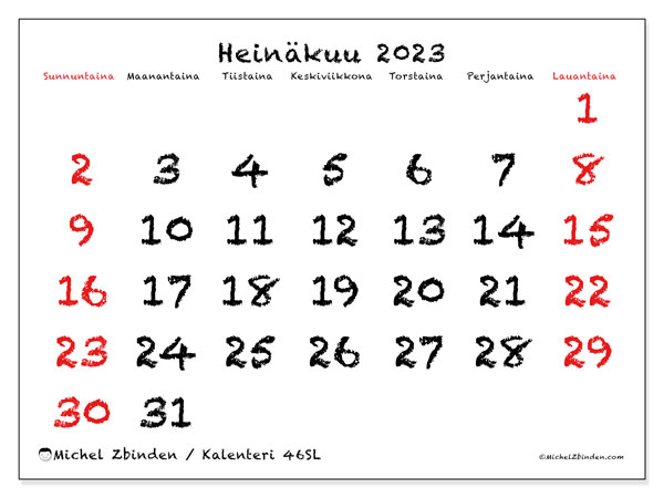 Tulostettava kalenteri, heinäkuu 2023, 46SL