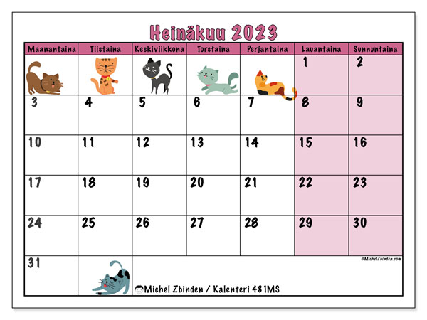 Kalenteri 481MS, heinäkuu 2023, painatusta varten, maksutta. Ilmainen tulostettava päiväkirja
