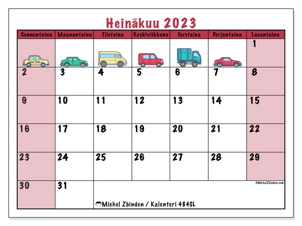 Kalenteri heinäkuu 2023 “484”. Ilmainen tulostettava ohjelma.. Sunnuntaista lauantaihin