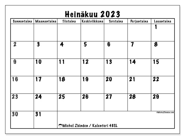 Tulostettava kalenteri, heinäkuu 2023, 48SL