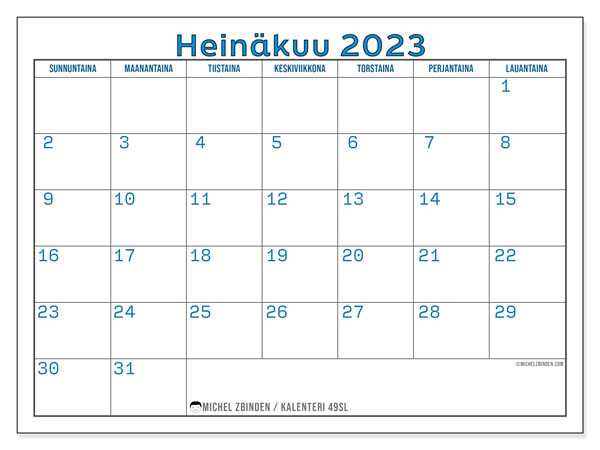 Tulostettava kalenteri, heinäkuu 2023, 49SL
