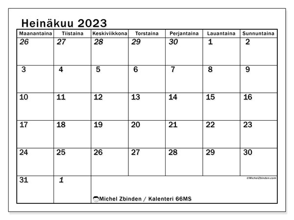 Kalenteri heinäkuu 2023, 501MS. Ilmainen tulostettava lehti.