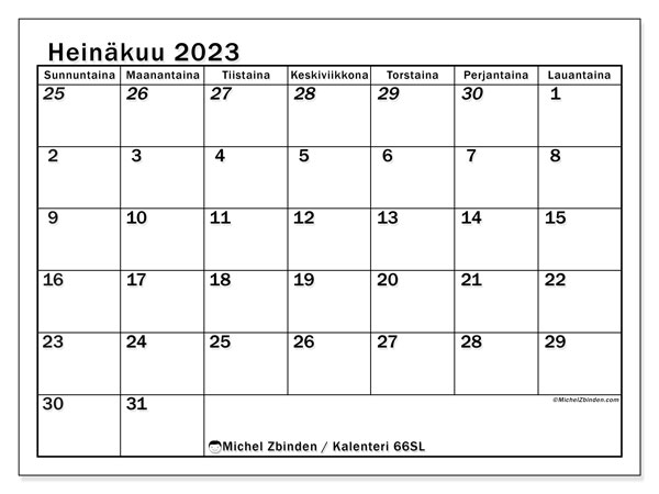 Kalenteri heinäkuu 2023, 501SL. Ilmainen tulostettava lehti.