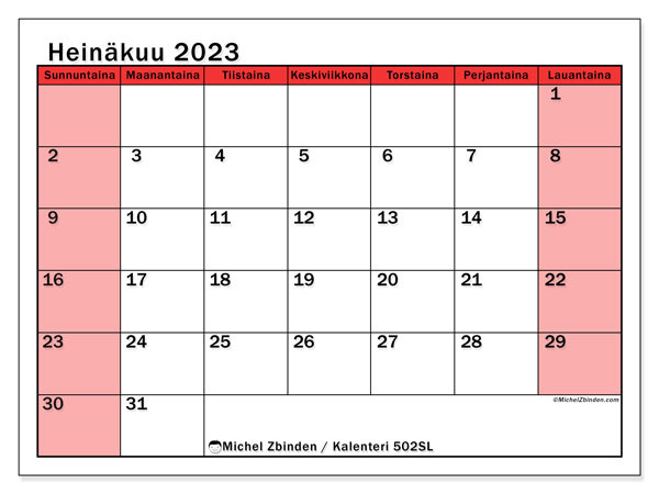 Tulostettava kalenteri, heinäkuu 2023, 502SL