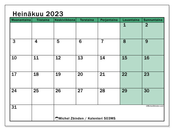 Kalenteri 503MS, heinäkuu 2023, painatusta varten, maksutta. Ilmainen tulostettava päiväkirja