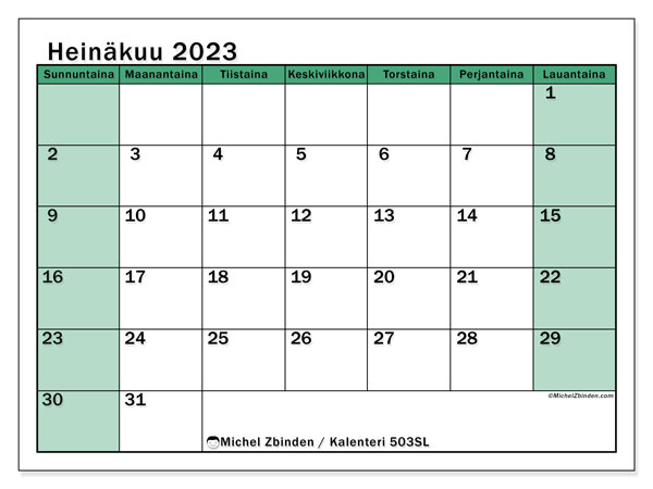 Kalenteri heinäkuu 2023, 503SL. Ilmainen tulostettava lehti.