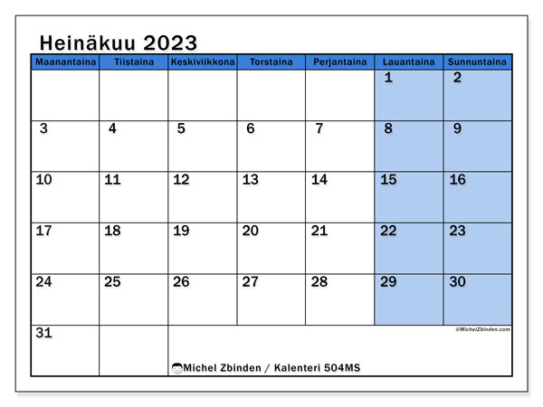 Kalenteri 504MS, heinäkuu 2023, painatusta varten, maksutta. Ilmainen tulostettava lukujärjestys