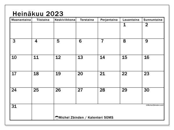 Kalenteri heinäkuu 2023, 50MS. Ilmainen tulostettava lehti.