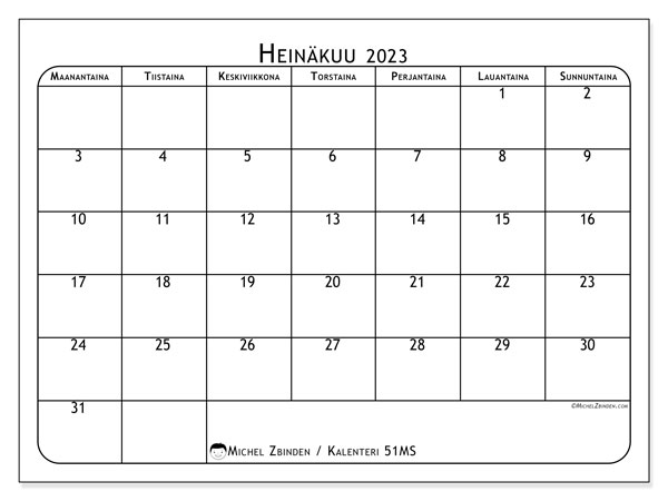 Tulostettava kalenteri, heinäkuu 2023, 51MS
