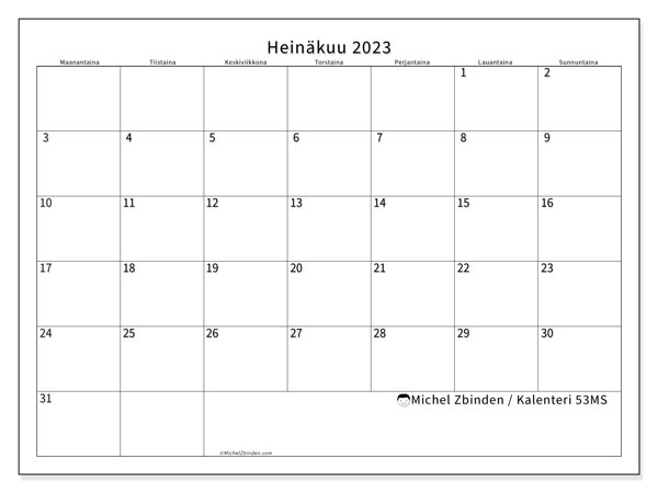 Kalenteri 53MS, heinäkuu 2023, painatusta varten, maksutta. Ilmainen tulostettava suunnitelma