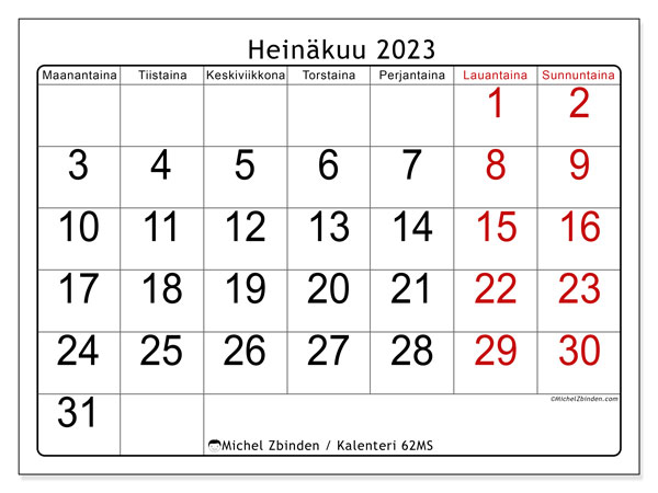 Kalenteri 62MS, heinäkuu 2023, painatusta varten, maksutta. Ilmainen tulostettava ohjelma
