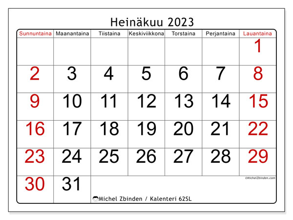 Kalenteri heinäkuu 2023, 62SL. Ilmainen tulostettava lehti.