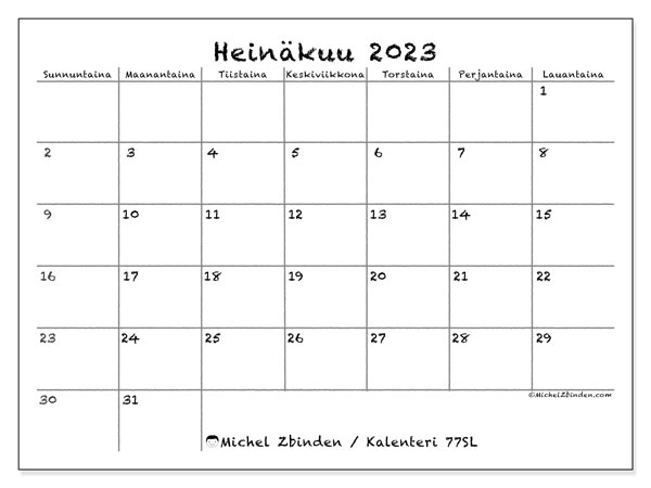 Kalenteri heinäkuu 2023, 77SL. Ilmainen tulostettava lehti.