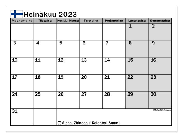 Kalenteri, jossa on Suomen yleiset vapaapäivät, heinäkuu 2023, tulostettavaksi ilmaiseksi. Ilmainen tulostettava päiväkirja