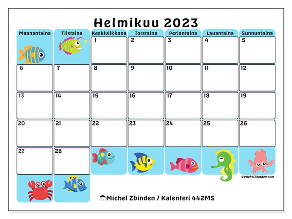 Kalenteri helmikuu 2023, 442MS. Ilmainen tulostettava kalenteri.