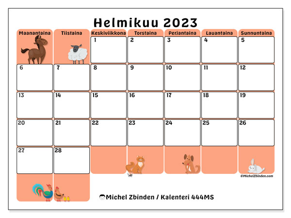 Tulostettava kalenteri, helmikuu 2023, 444MS