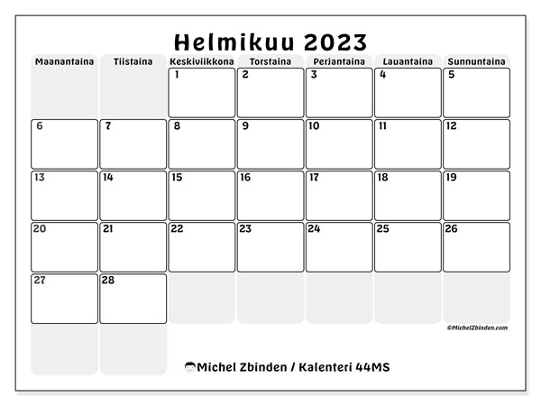 Tulostettava kalenteri, helmikuu 2023, 44MS