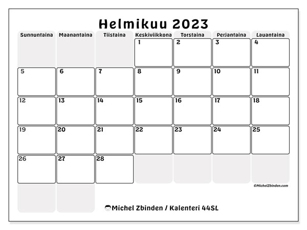 Tulostettava kalenteri, helmikuu 2023, 44SL