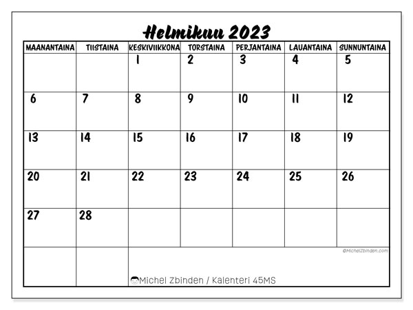 Kalenteri helmikuu 2023, 45MS. Ilmainen tulostettava kalenteri.