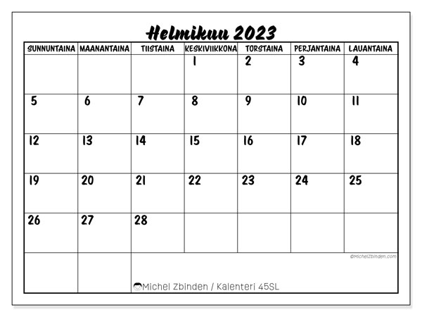 Tulostettava kalenteri, helmikuu 2023, 45SL