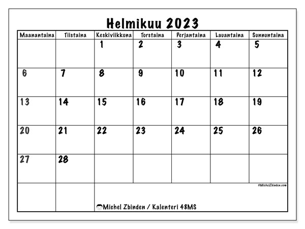 Kalenteri helmikuu 2023, 48MS. Ilmainen tulostettava kalenteri.