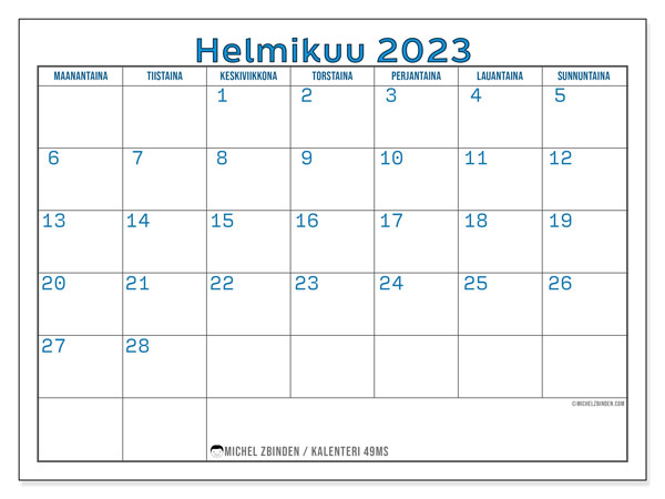 Tulostettava kalenteri, helmikuu 2023, 49MS