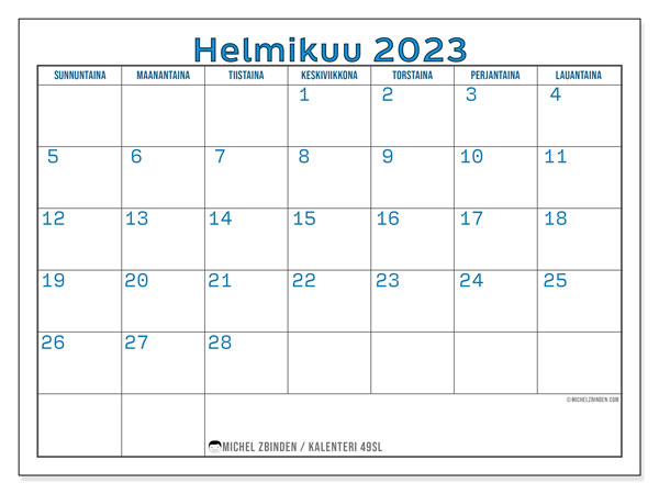 Tulostettava kalenteri, helmikuu 2023, 49SL