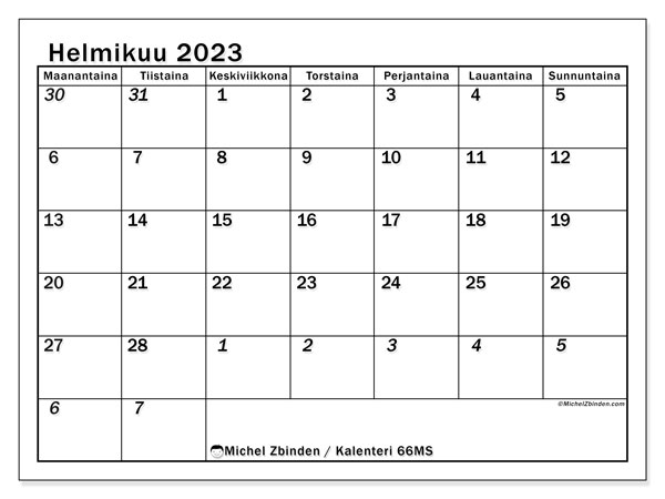 Kalenteri helmikuu 2023, 501MS. Ilmainen tulostettava kalenteri.