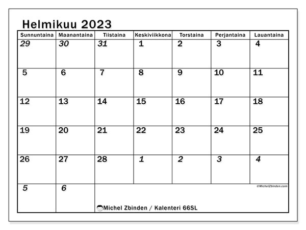 Tulostettava kalenteri, helmikuu 2023, 501SL